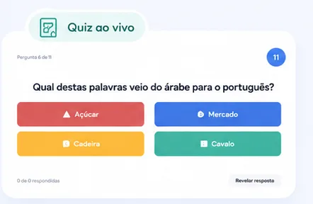 Quiz ao vivo com pergunta e alternativas coloridas