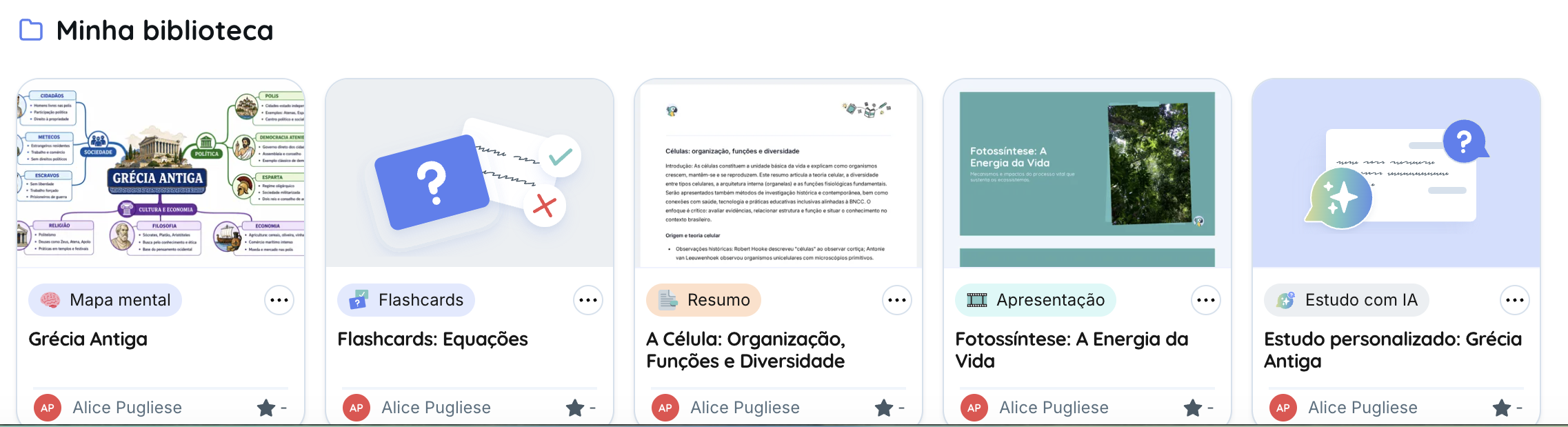 Materiais que o próprio aluno criou na plataforma