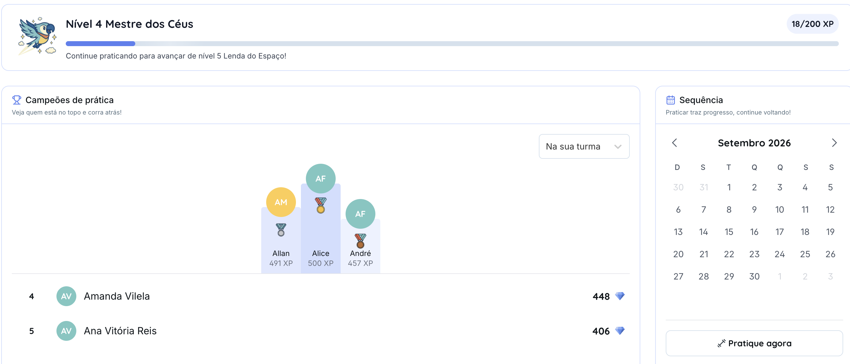 Nível do aluno, pontos de experiência e ranking de prática da turma